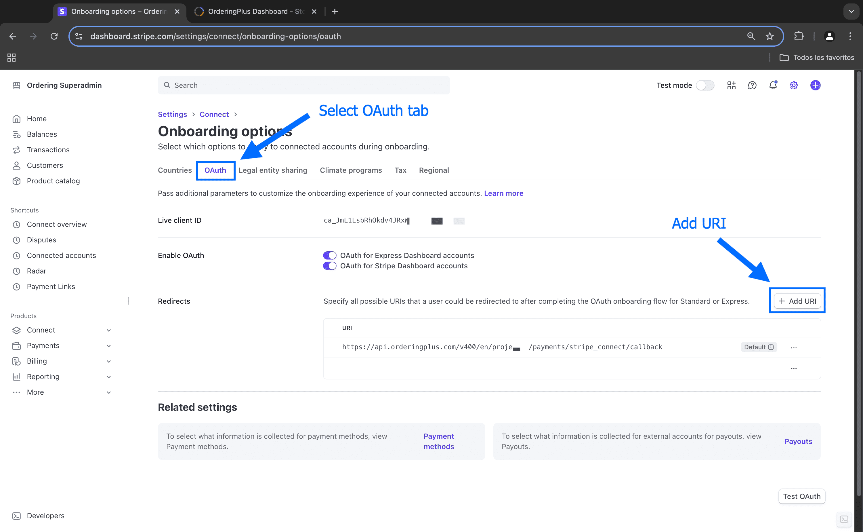 Historical Stripe OAuth callback settings