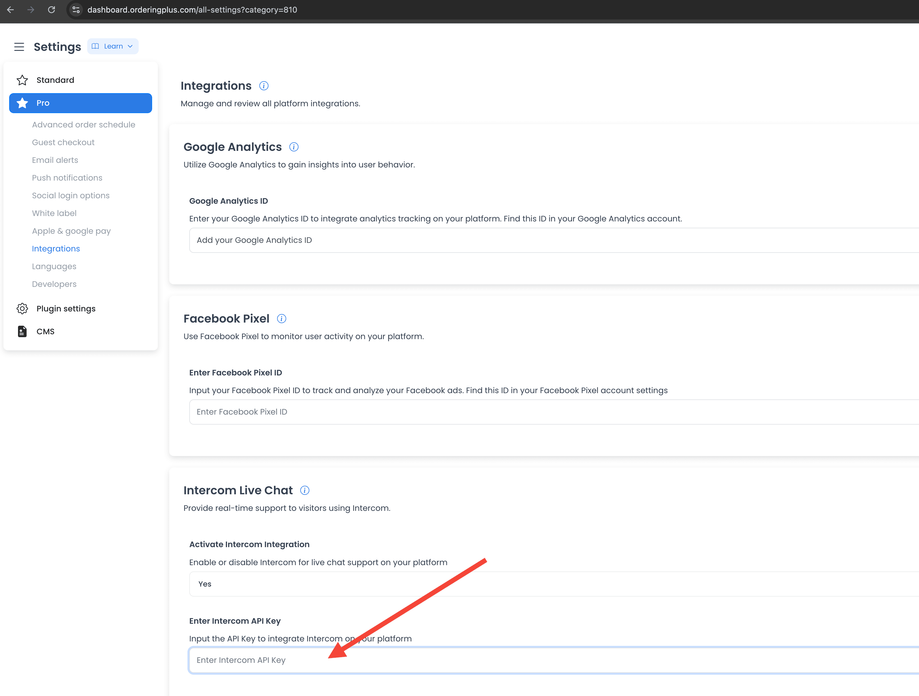Integrations Intercom Live Chat with Activate Intercom Integration set to Yes and Enter Intercom API Key
