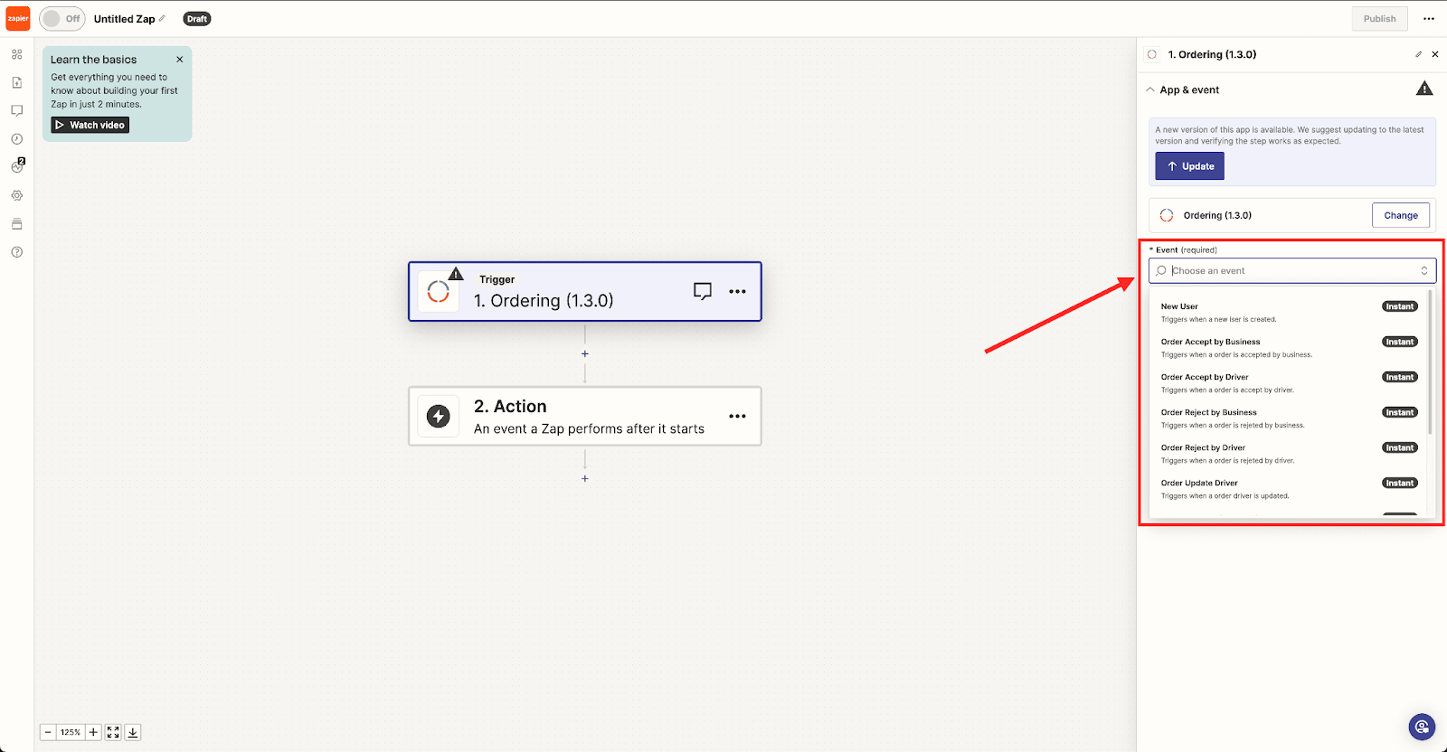 Zapier Event menu with New User selected