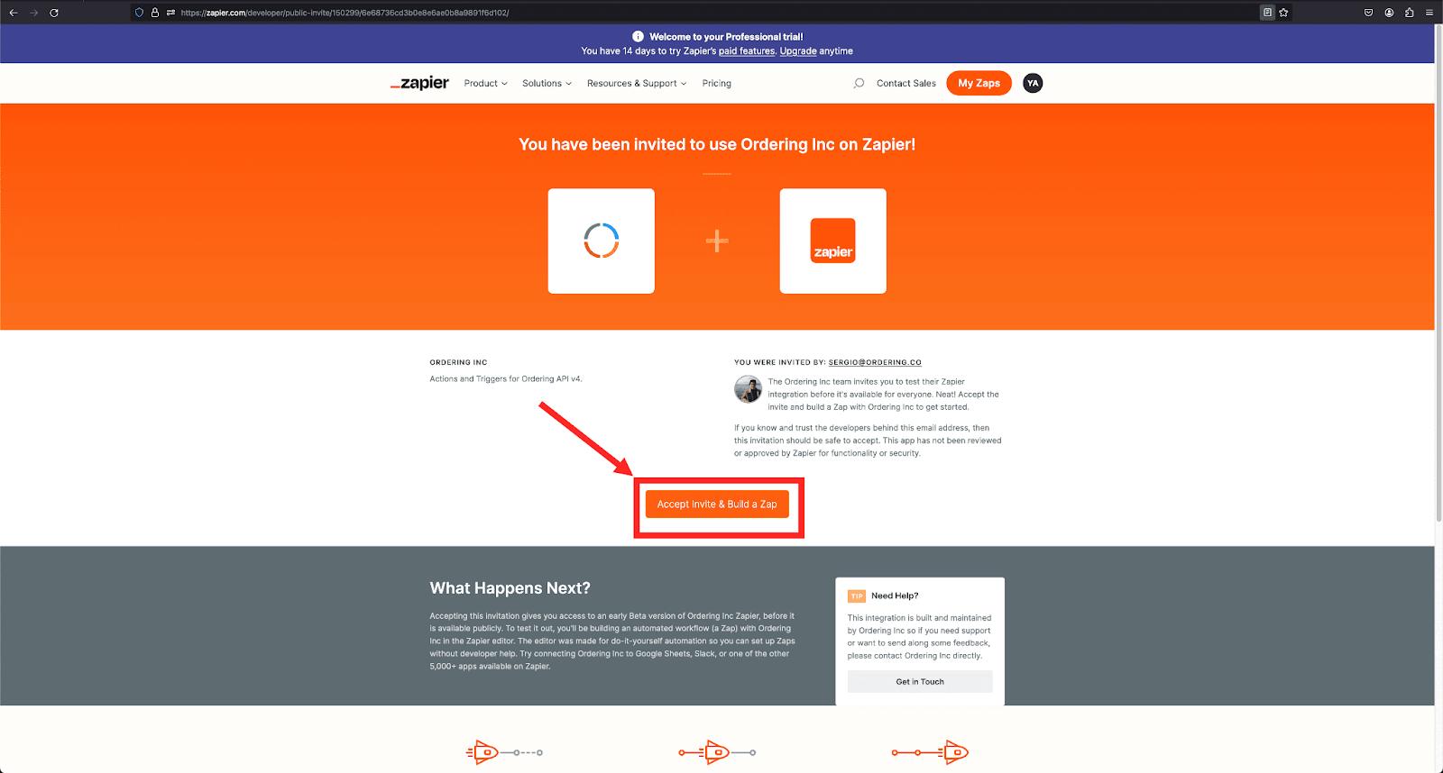 Zapier invite to use Ordering.co with Accept Invite and Build a Zap