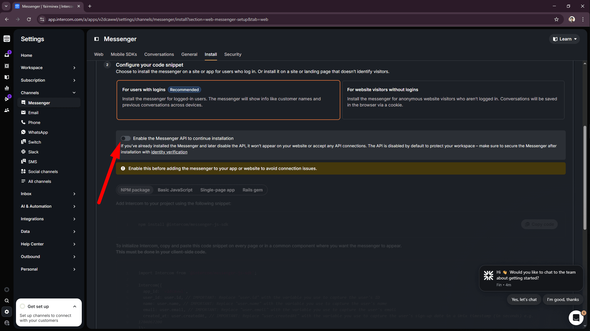 Enable the Messenger API to continue installation