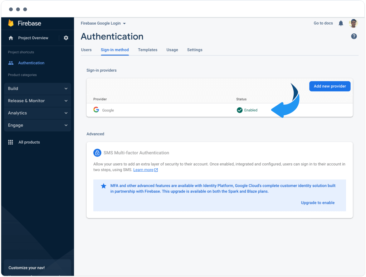 Google provider listed as Enabled