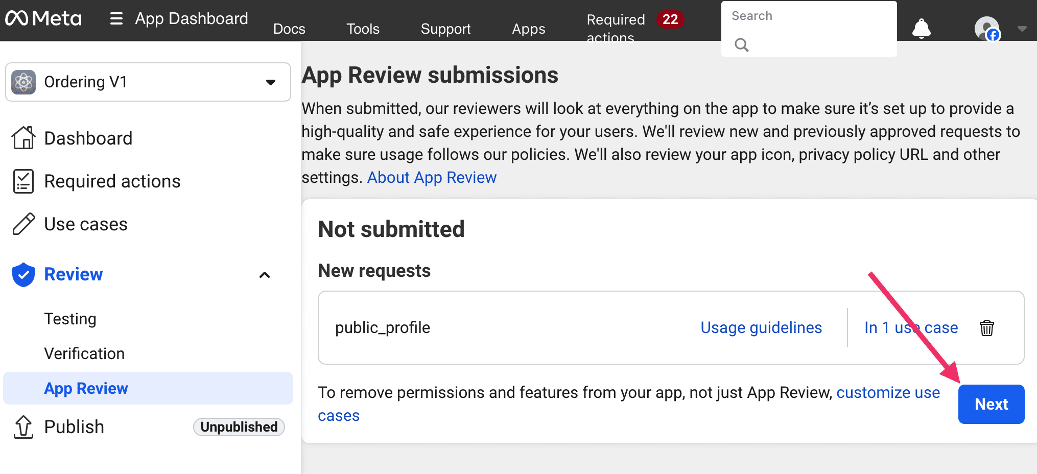 Facebook App Review entry