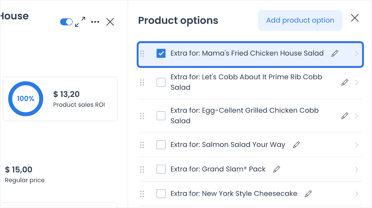 Product options panel with an option selected, checkboxes, edit controls, and Add product option button