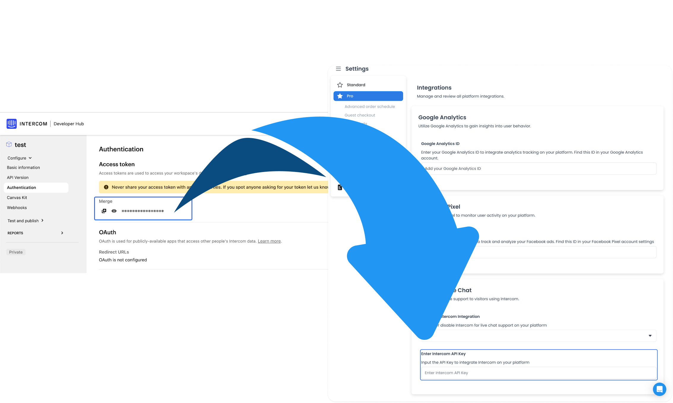 Intercom Developer Hub Access token pointing at Enter Intercom API Key