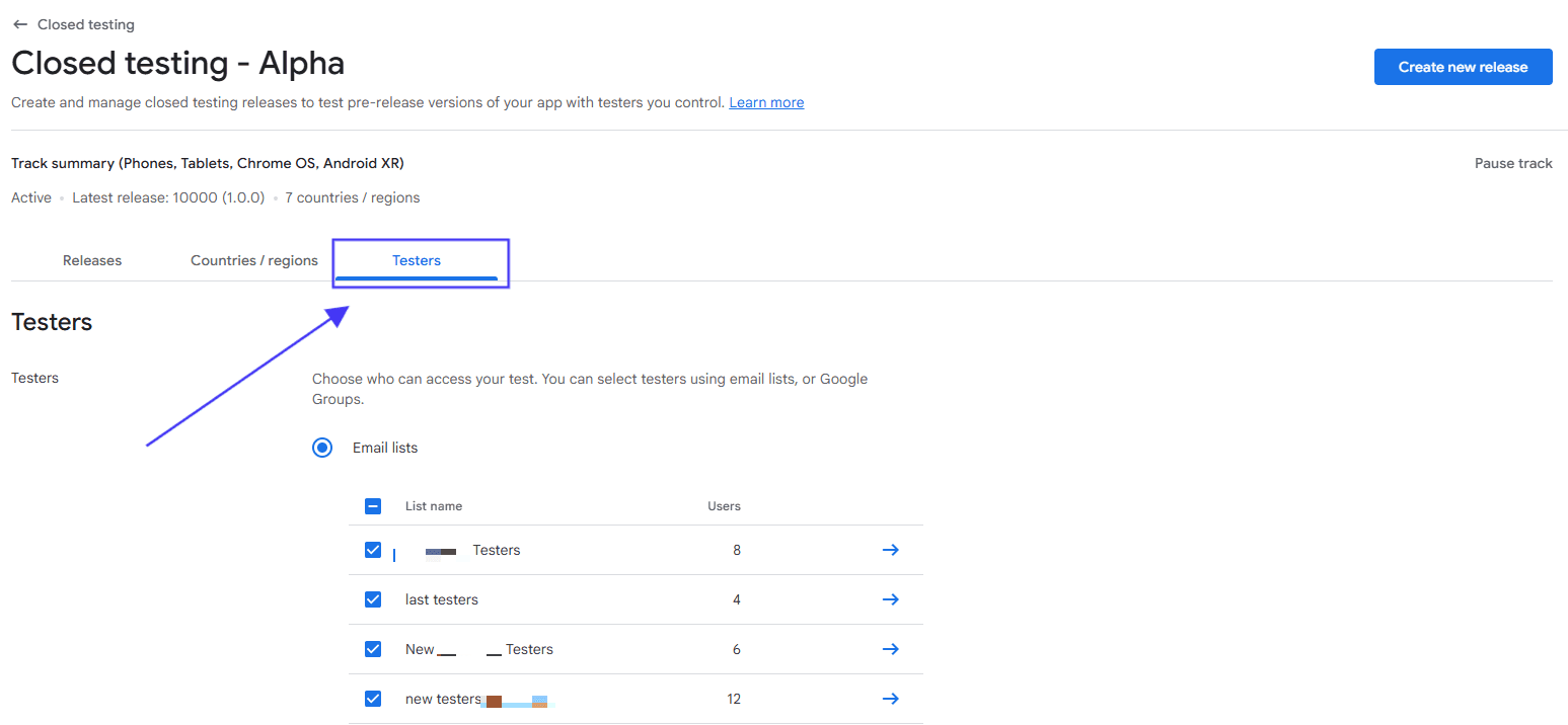 Open the Testers tab