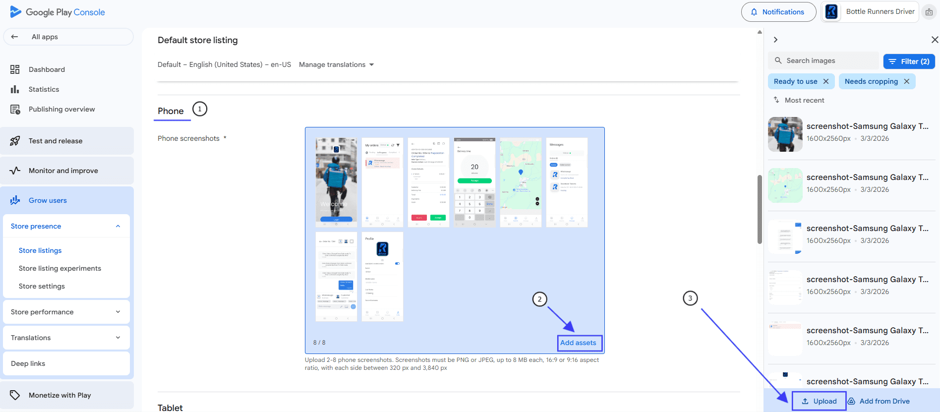 Upload phone store-listing screenshots