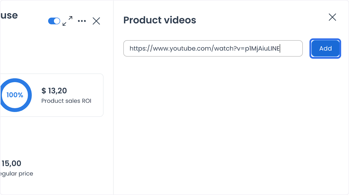Product videos panel with a YouTube URL in the input field and the Add button highlighted