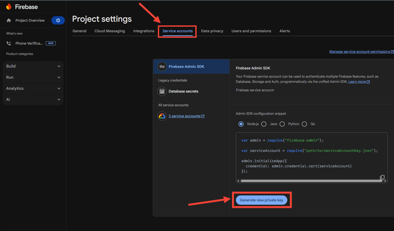 Firebase Generate new private key