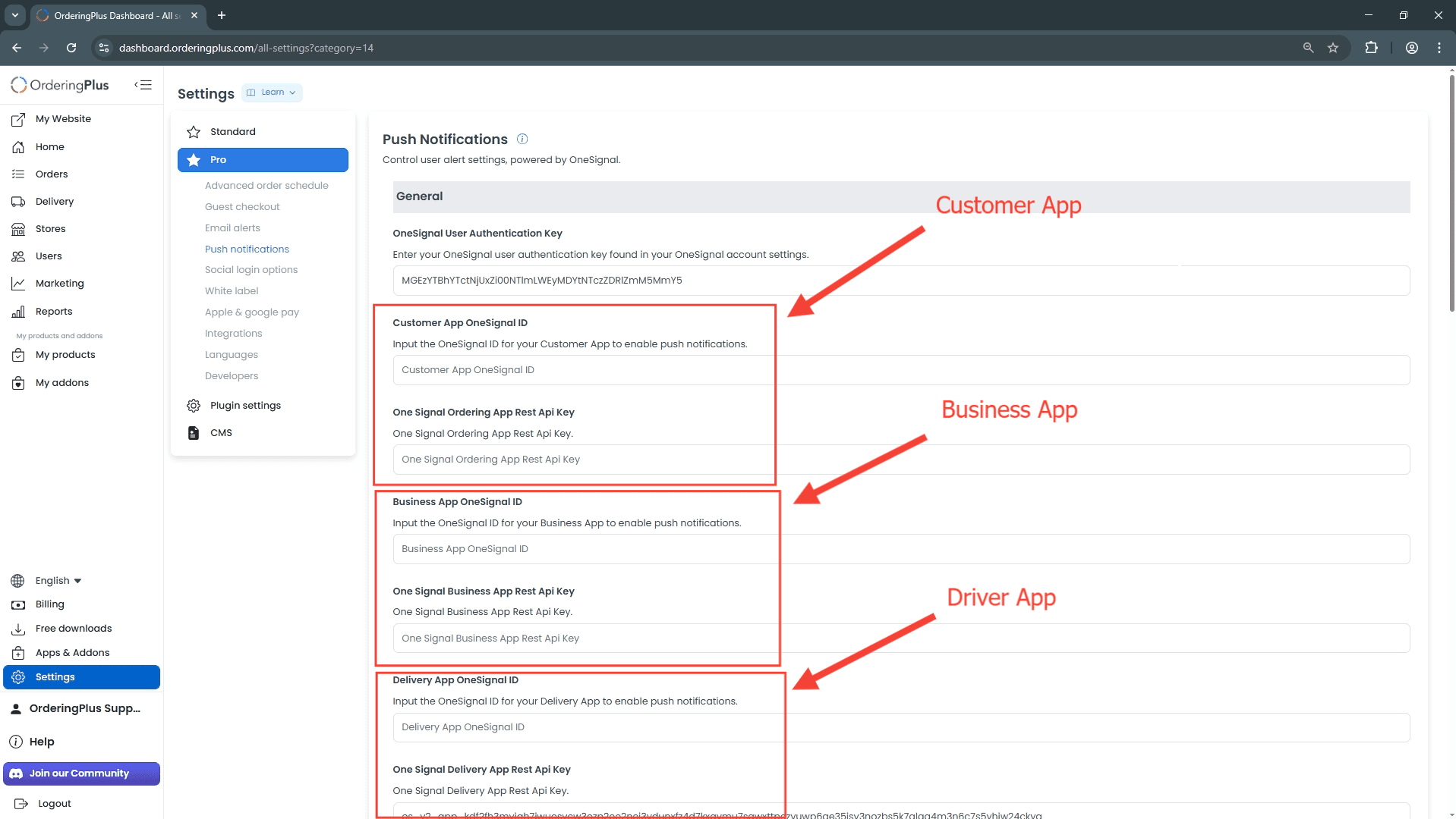 Dashboard Push notifications fields for Customer, Business, and Driver apps
