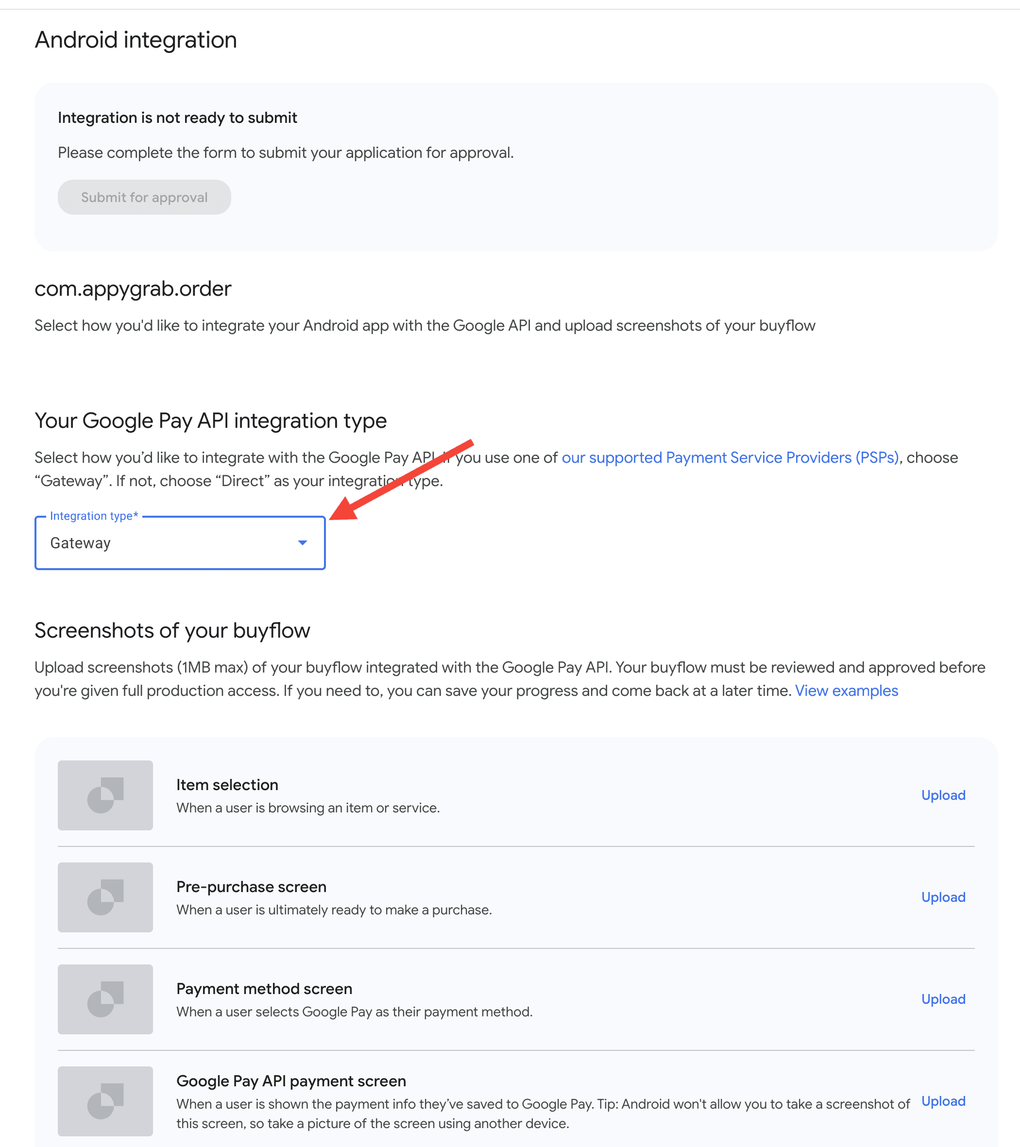 Historical Google Pay and Wallet Console integration-type view