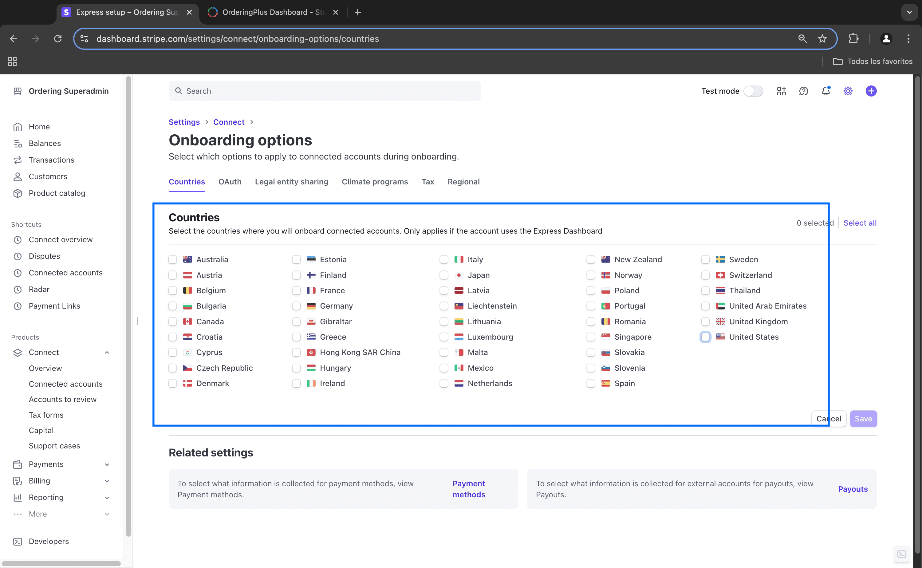 Stripe account country selection