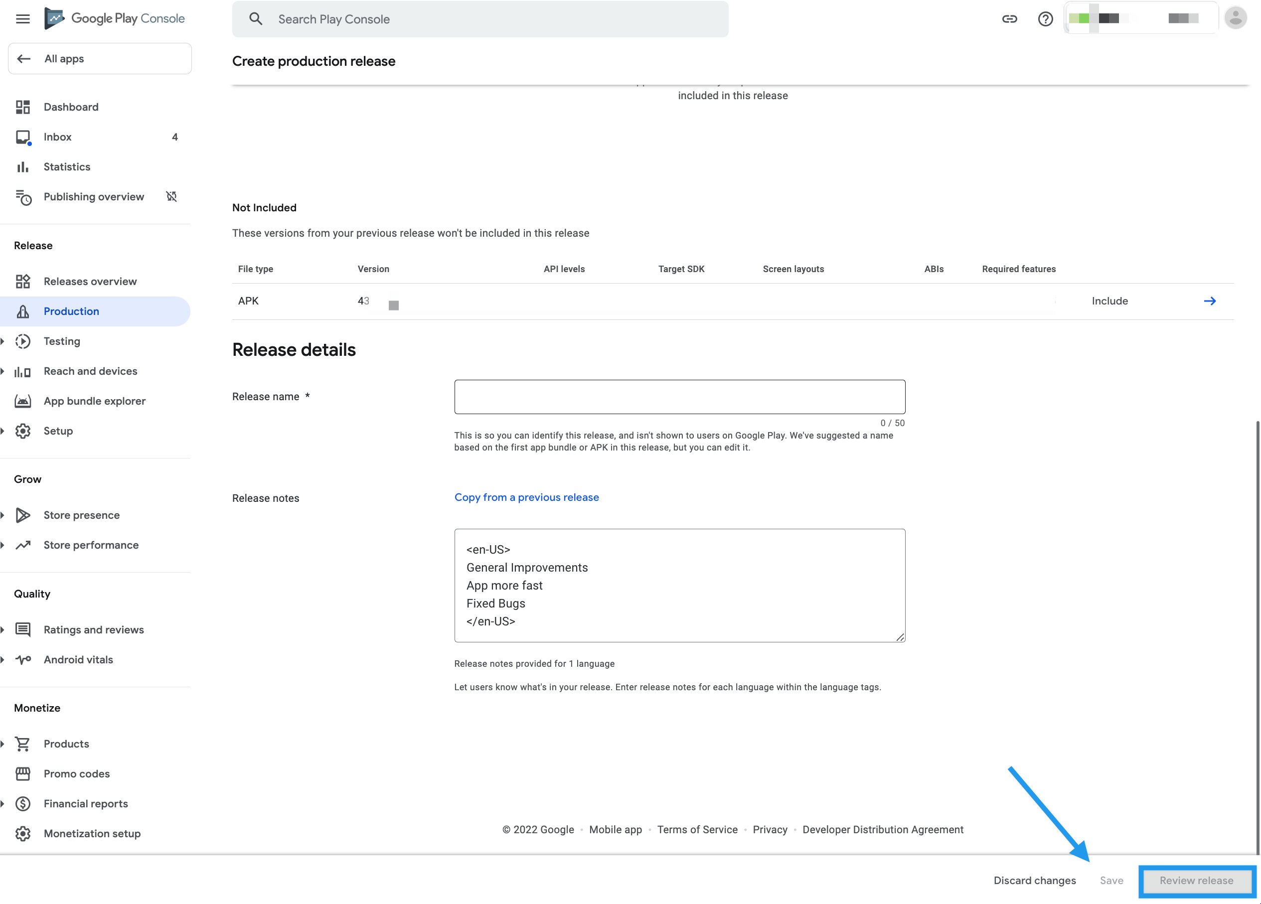 Enter release name and release notes