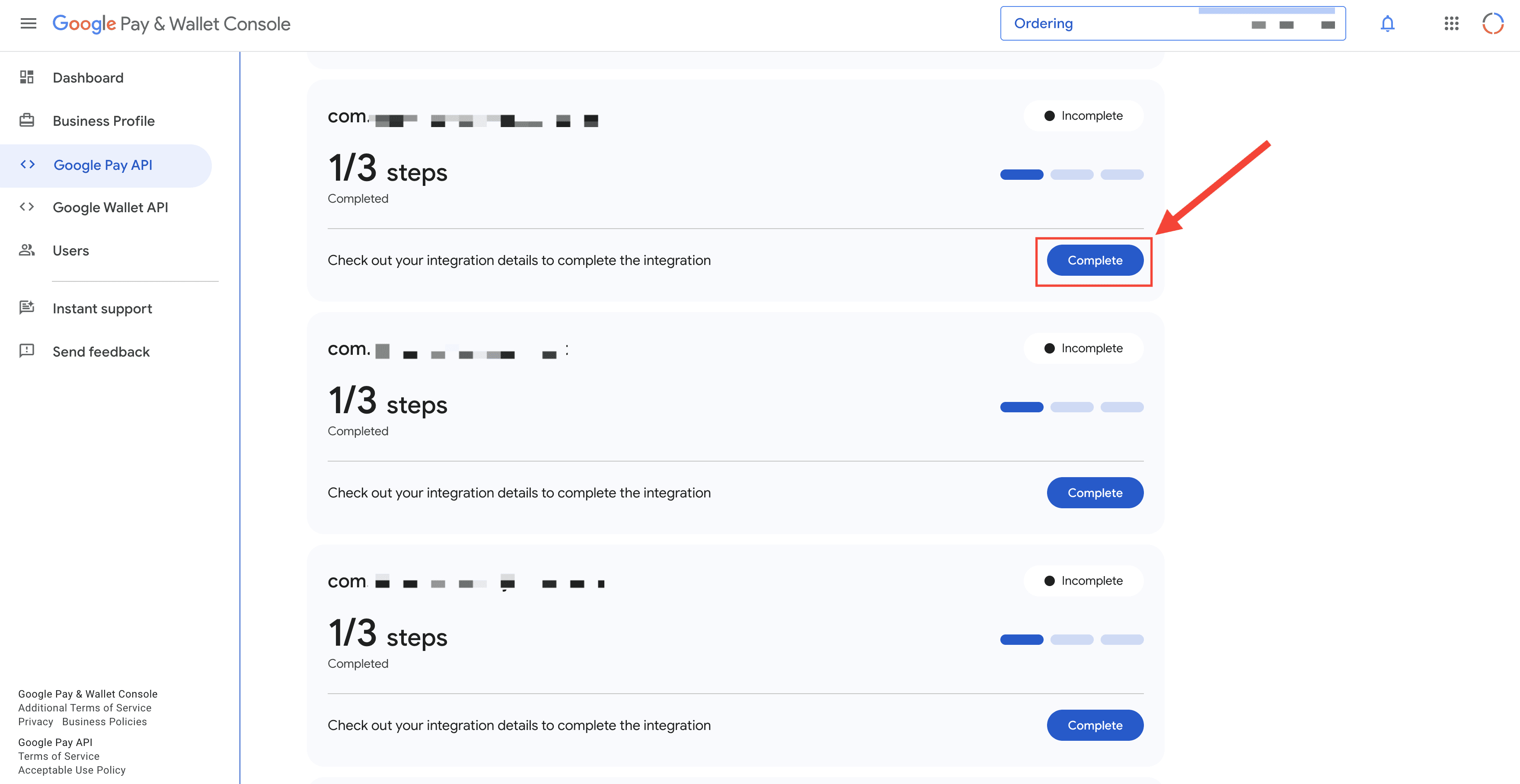 Historical Google Pay and Wallet Console verification view