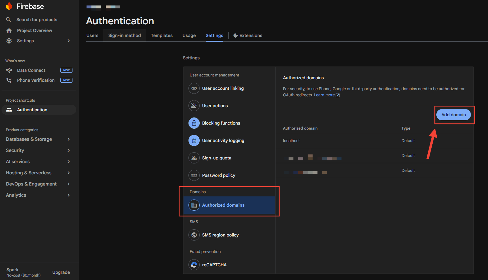 Authentication Settings Authorized domains