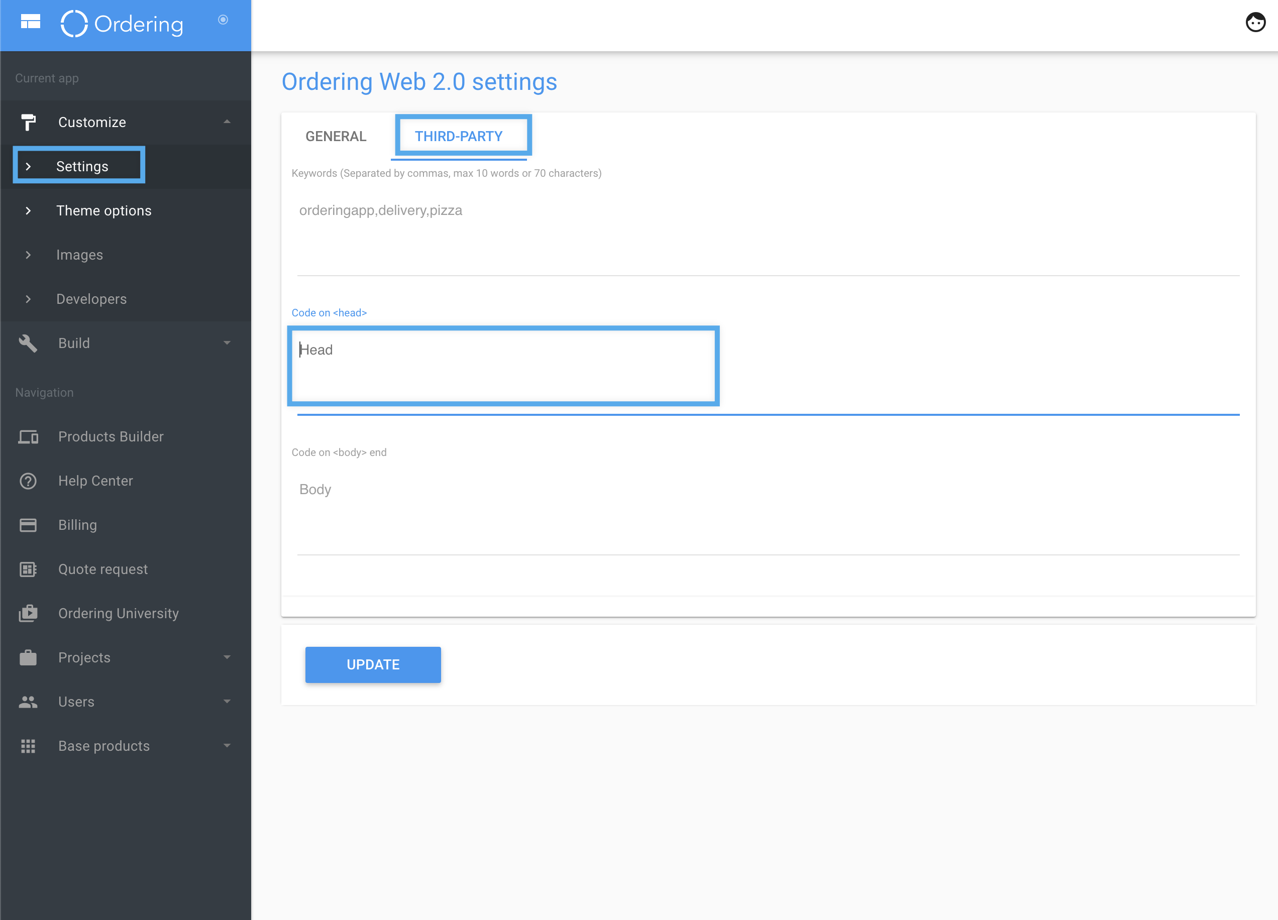 Ordering Web 2.0 settings THIRD-PARTY tab with Code on head