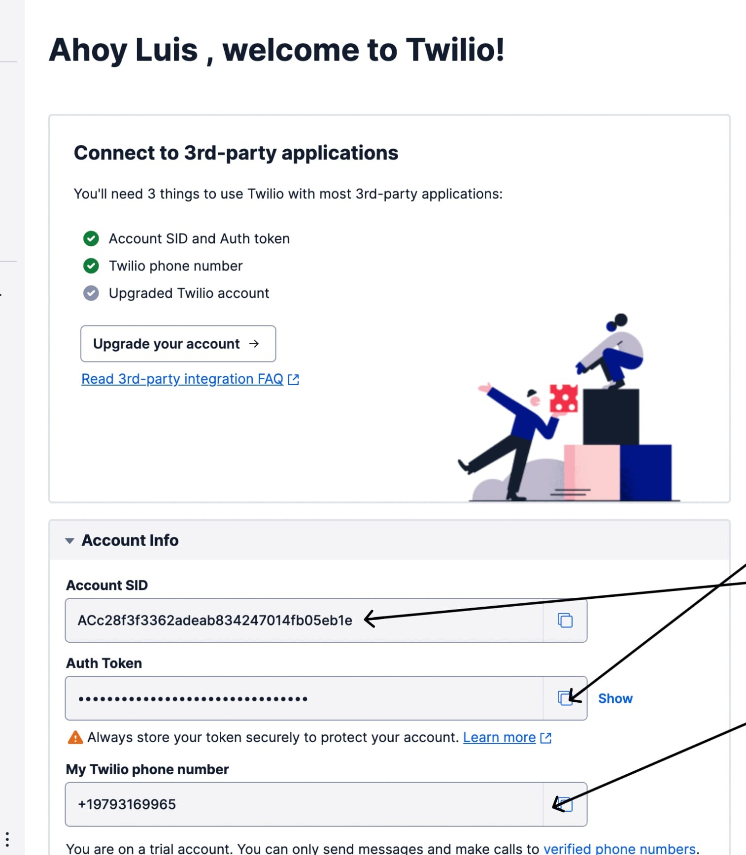 Twilio Console Account Info with Account SID, Auth Token, and phone number