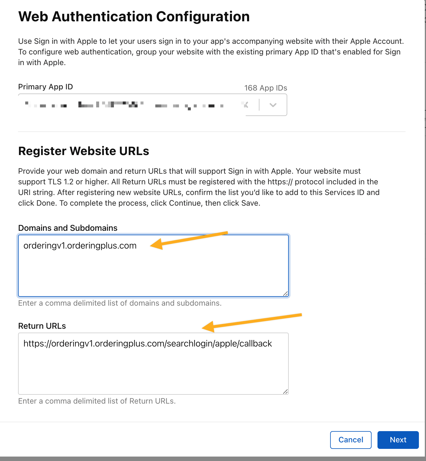 Sign in with Apple domains and return URLs including the franchise callback