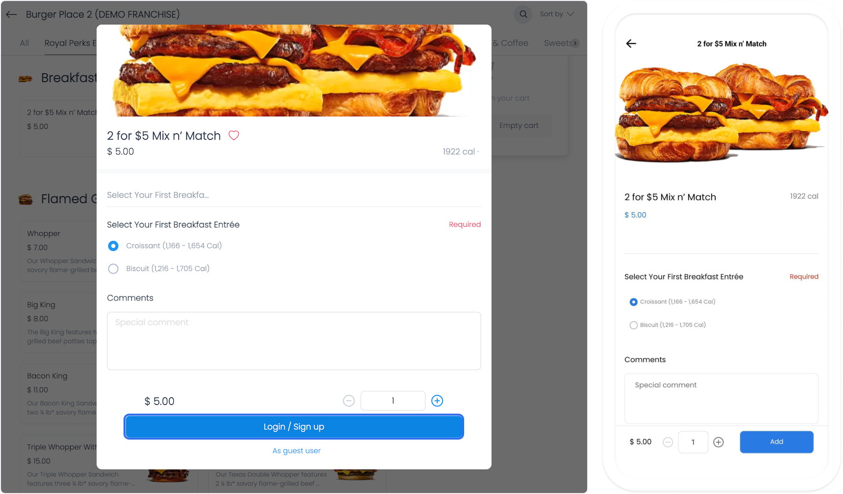 Product options and special instructions