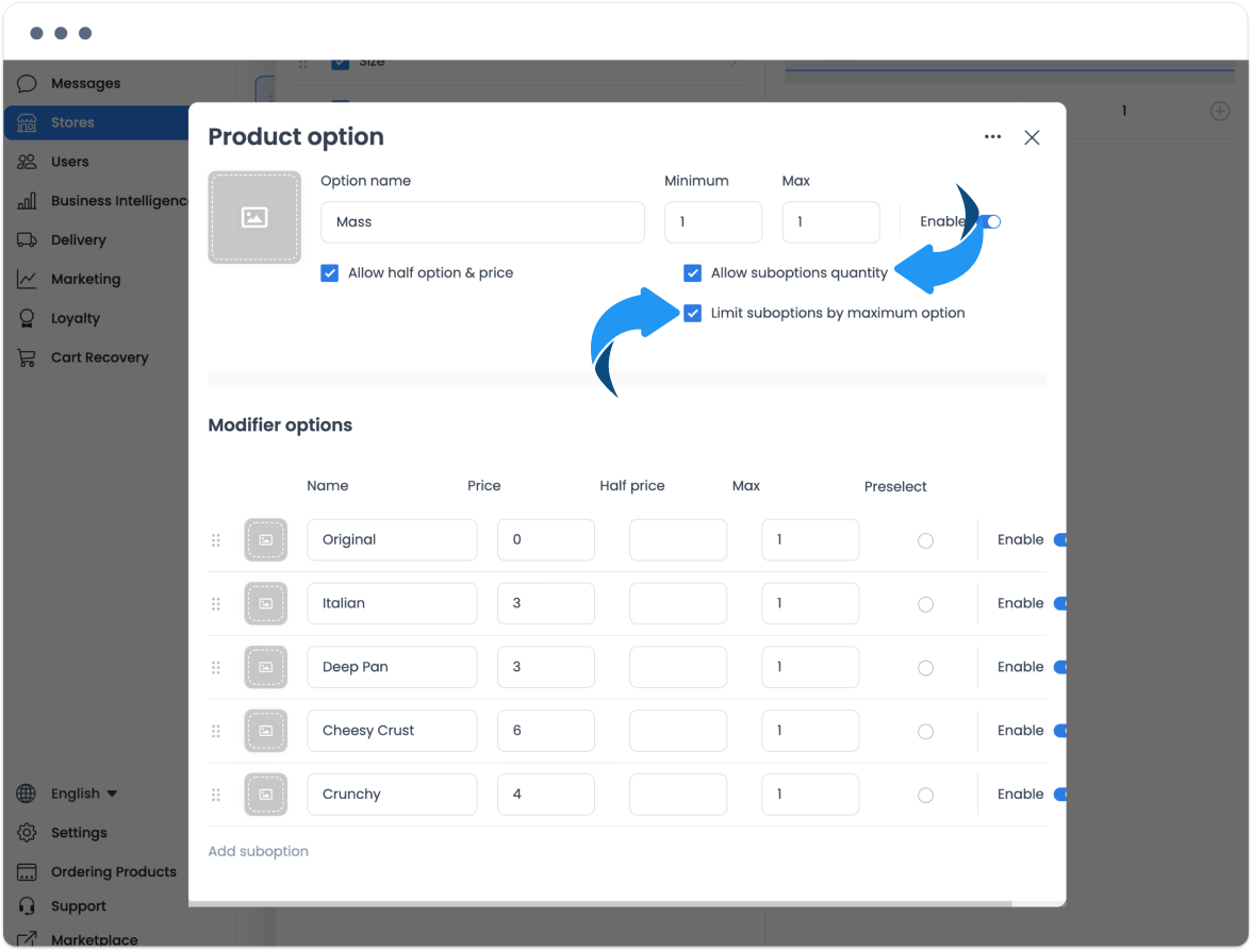 Product option editor showing Allow half option &amp; price, Allow suboptions quantity, Limit suboptions by maximum option, and modifier rows