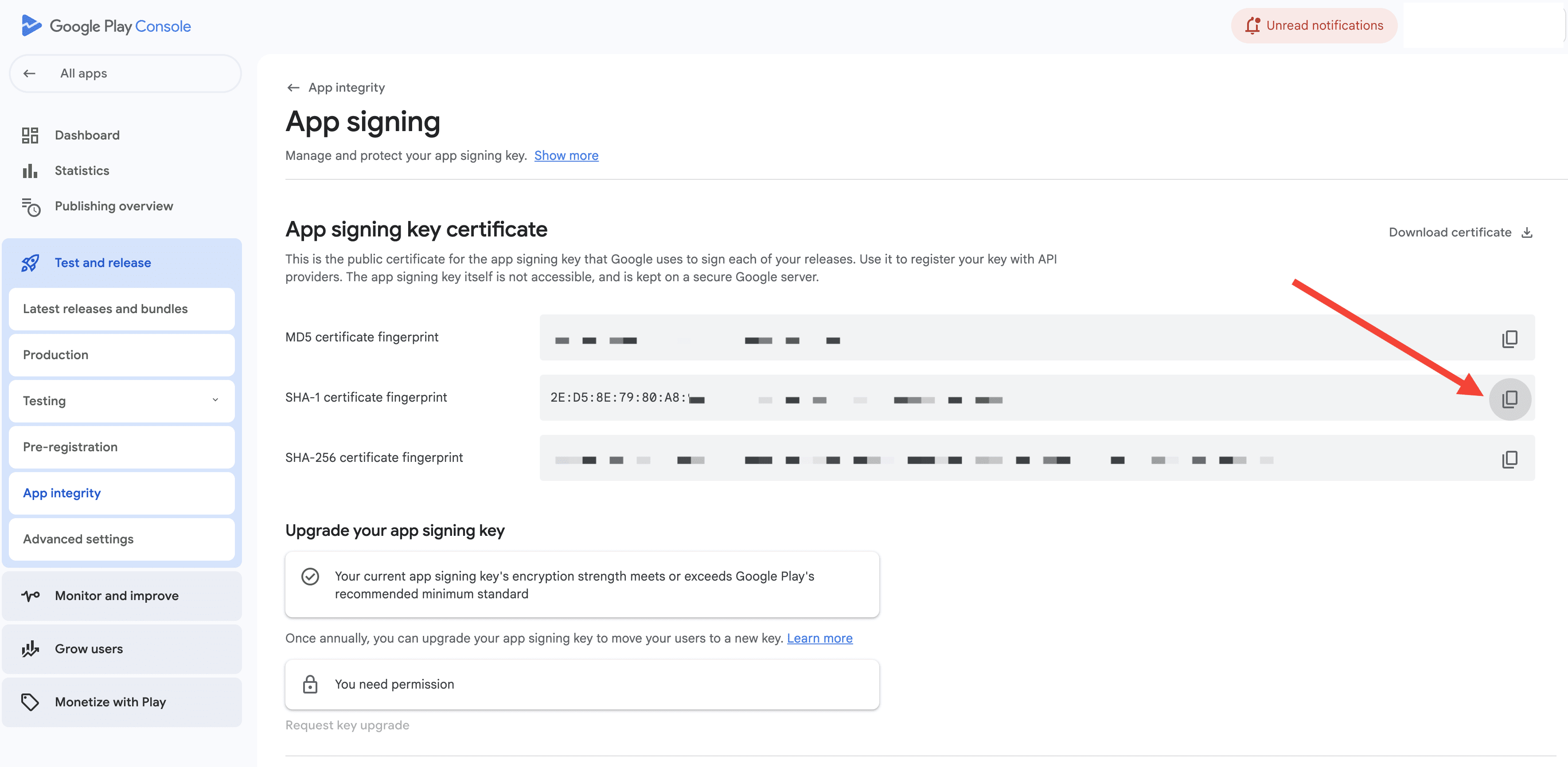 Play App Signing SHA-1 certificate fingerprint