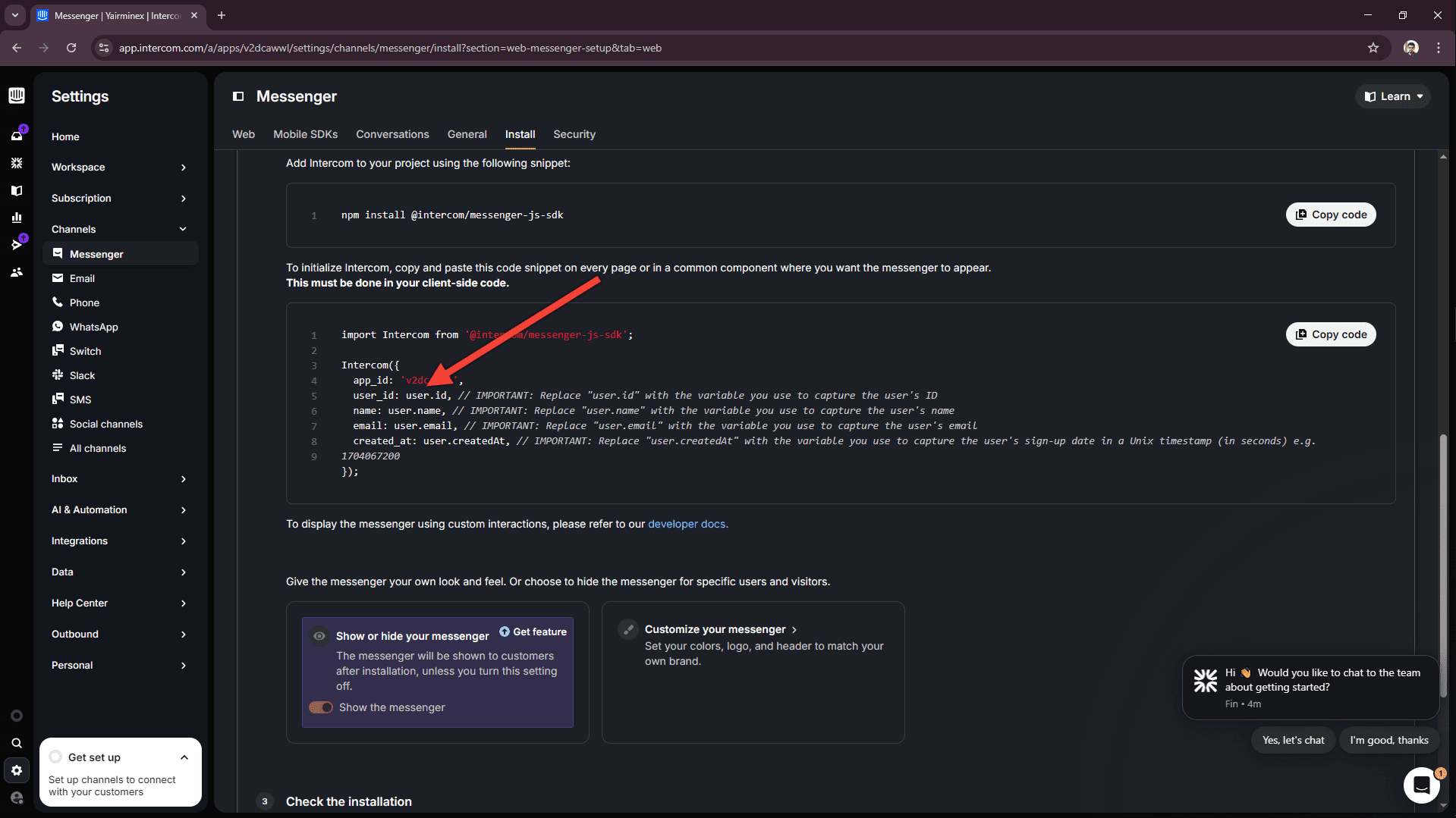 Intercom web install snippet with app_id highlighted