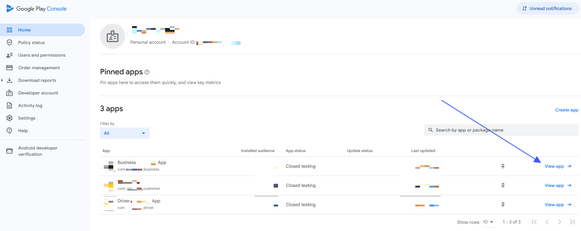Select an app in Google Play Console