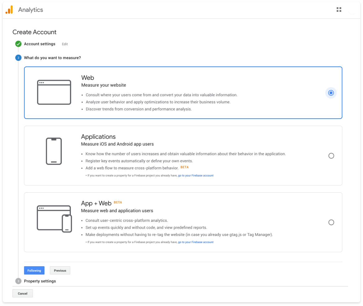 Google Analytics property type with Web selected