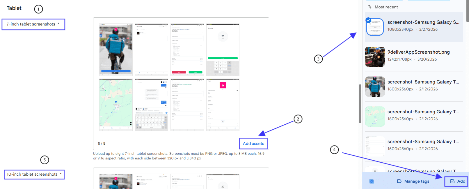 Upload tablet store-listing screenshots