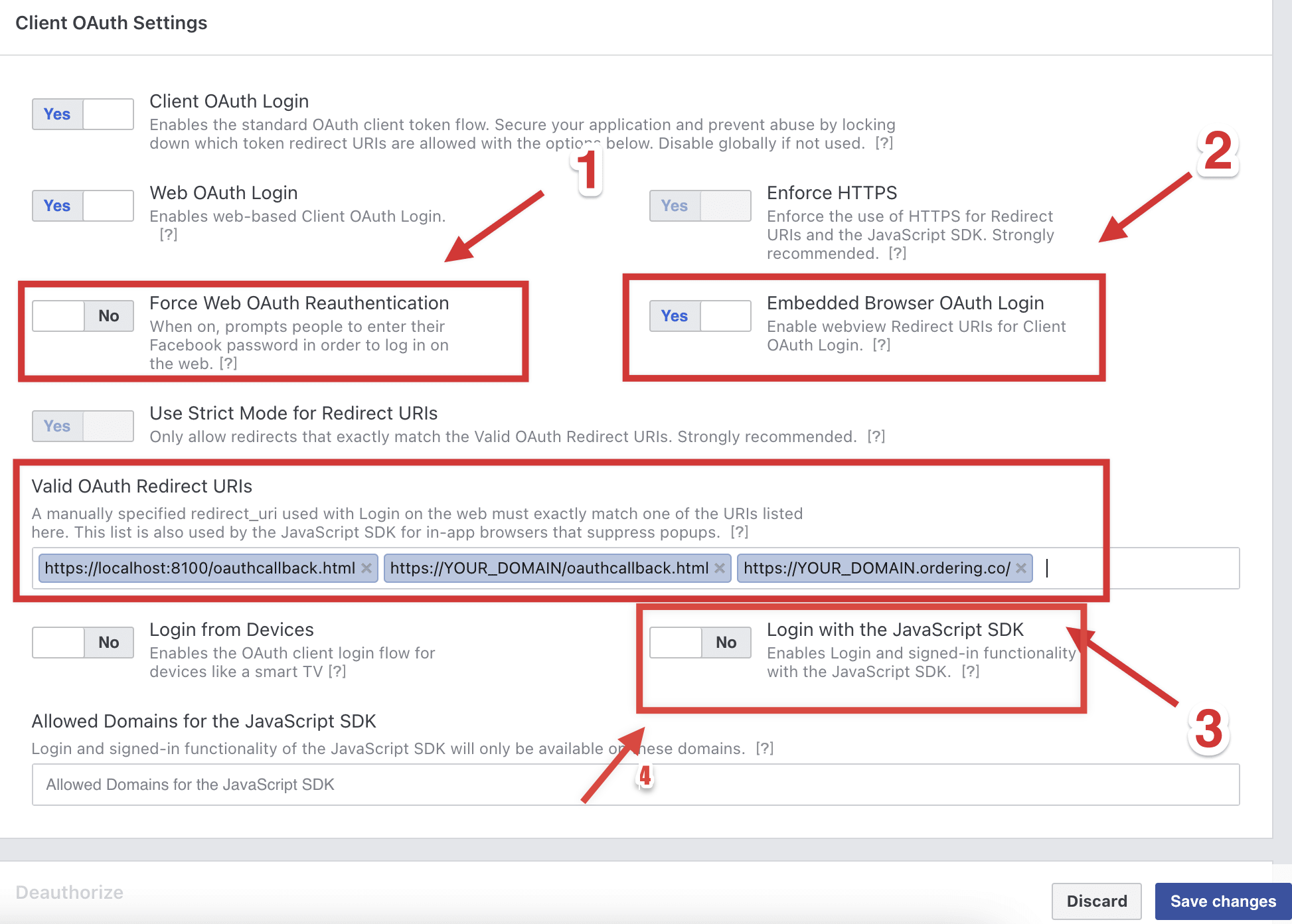 Facebook Login OAuth toggles and Valid OAuth redirect URIs