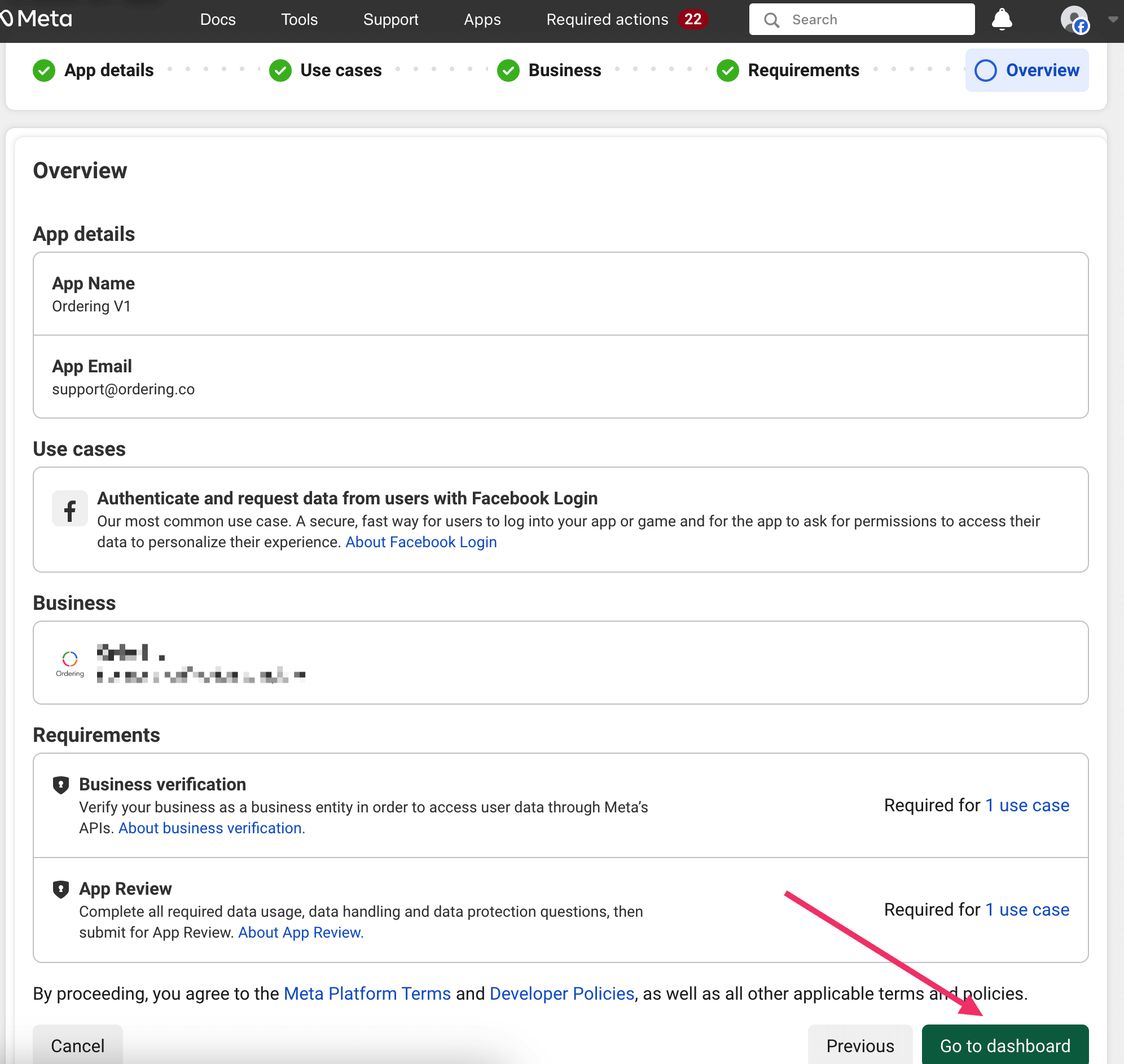 Facebook app creation Overview with Go to dashboard