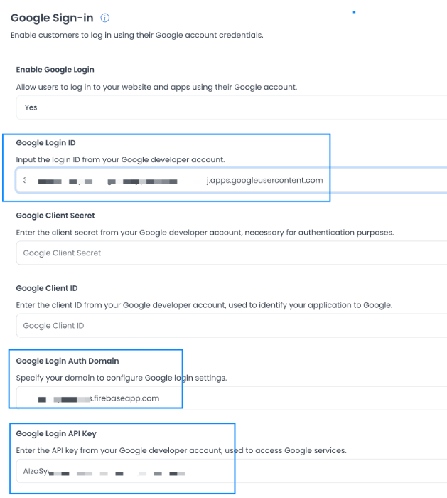 Google Sign-in fields in the Dashboard