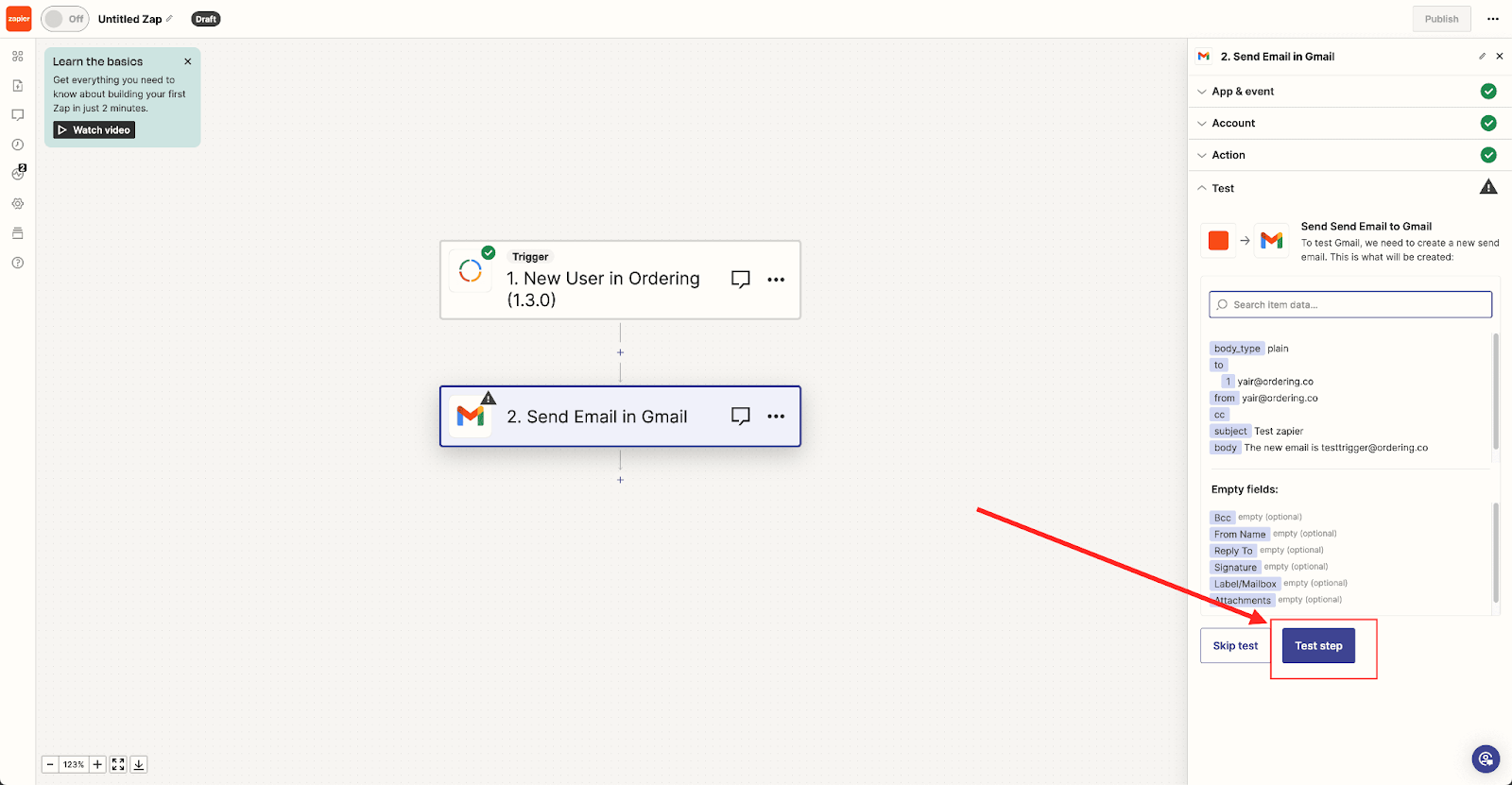 Zapier Test step for the Gmail Send Email action