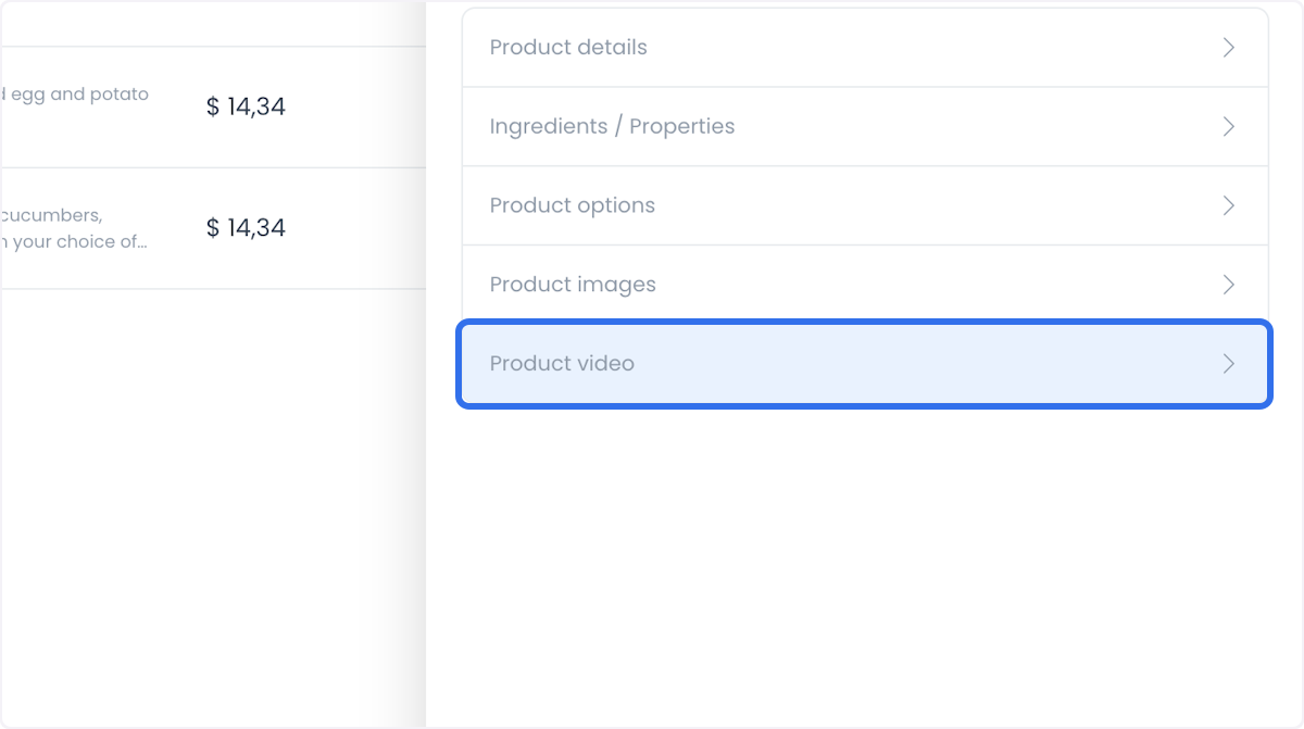 Product panel with Product video selected