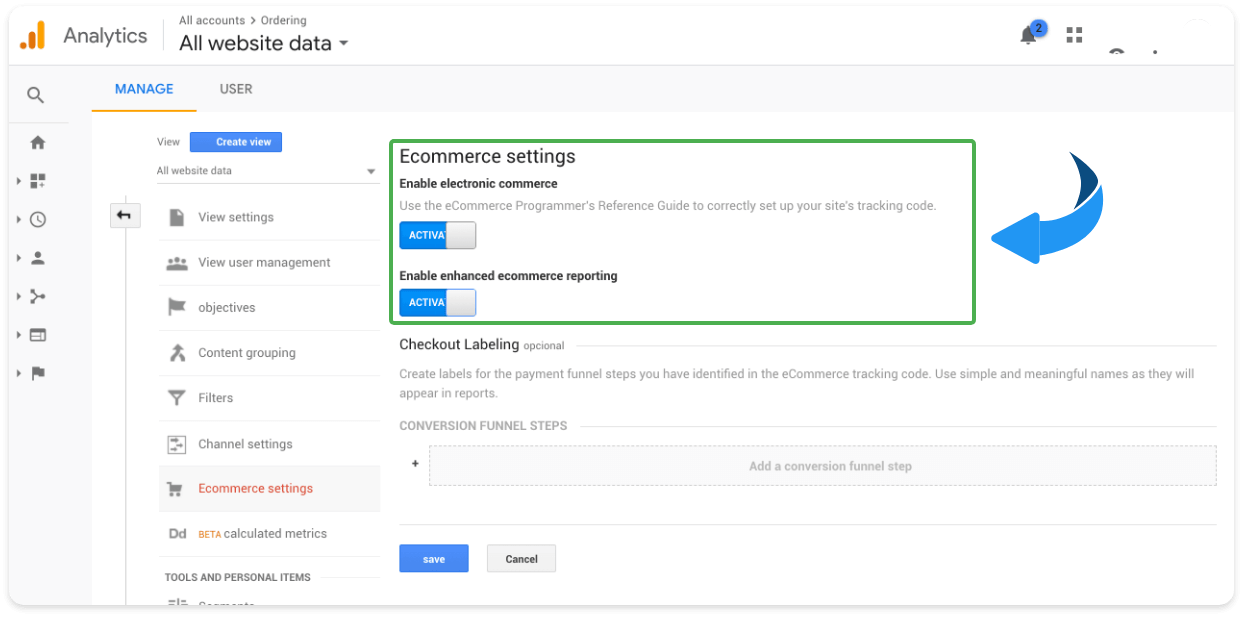 Google Analytics e-commerce settings switches