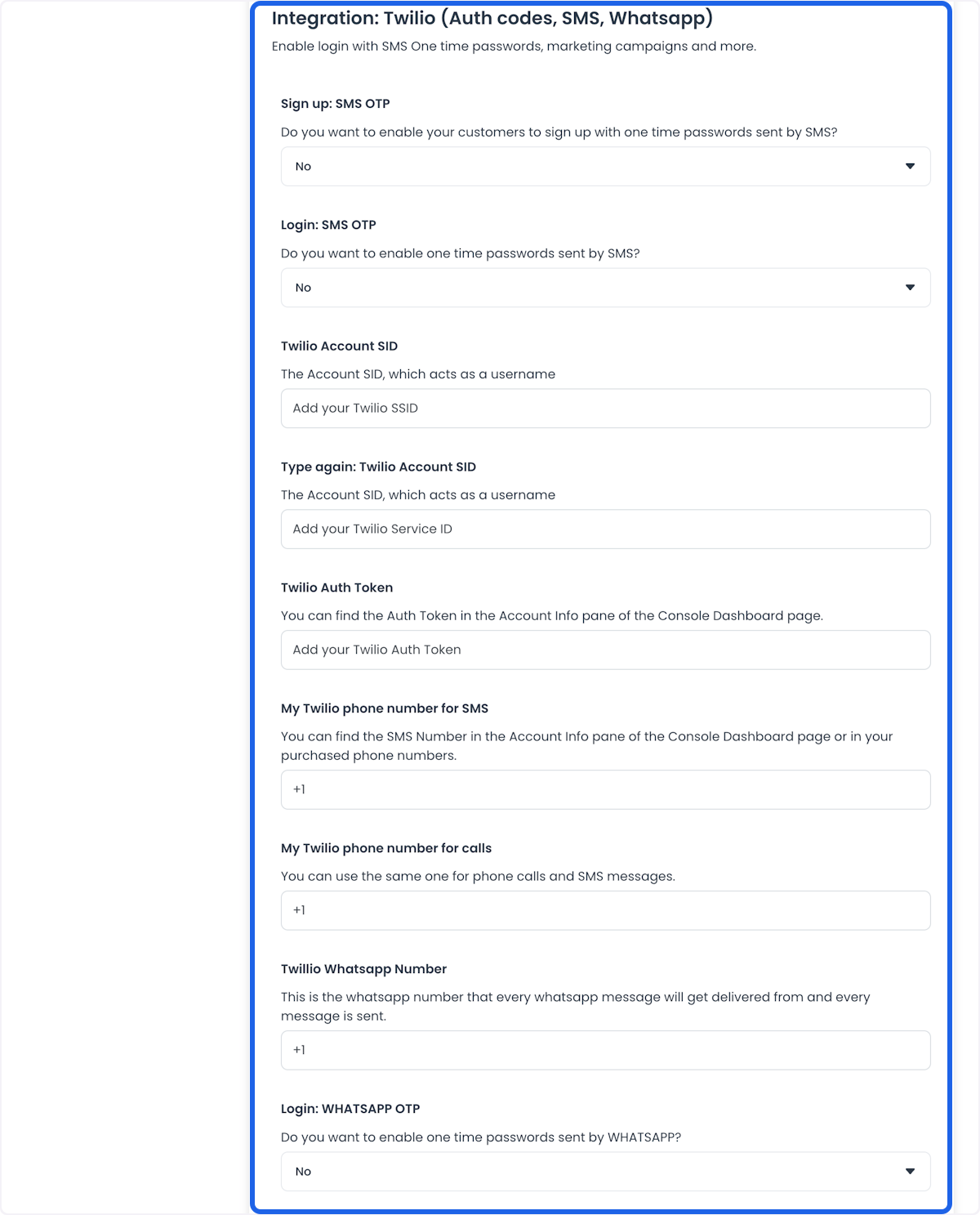 Dashboard Twilio fields next to the Twilio Console