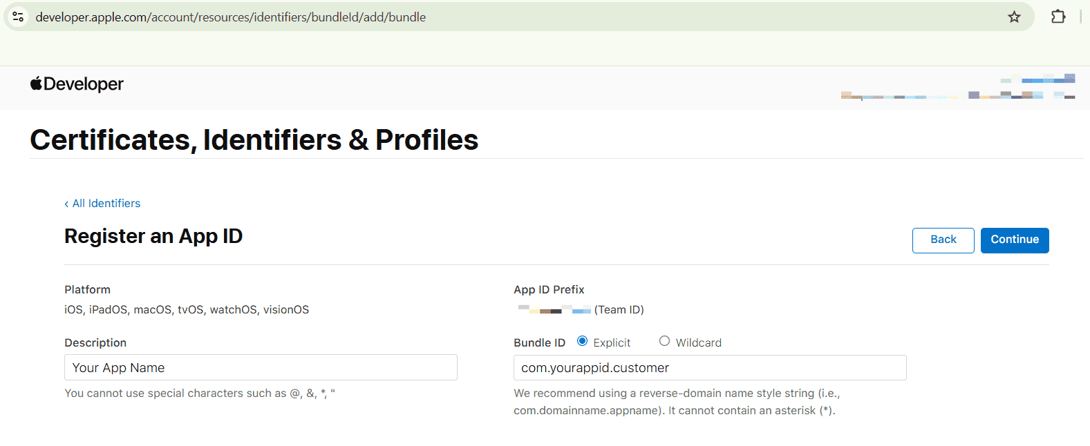 Enter the Customer App bundle identifier