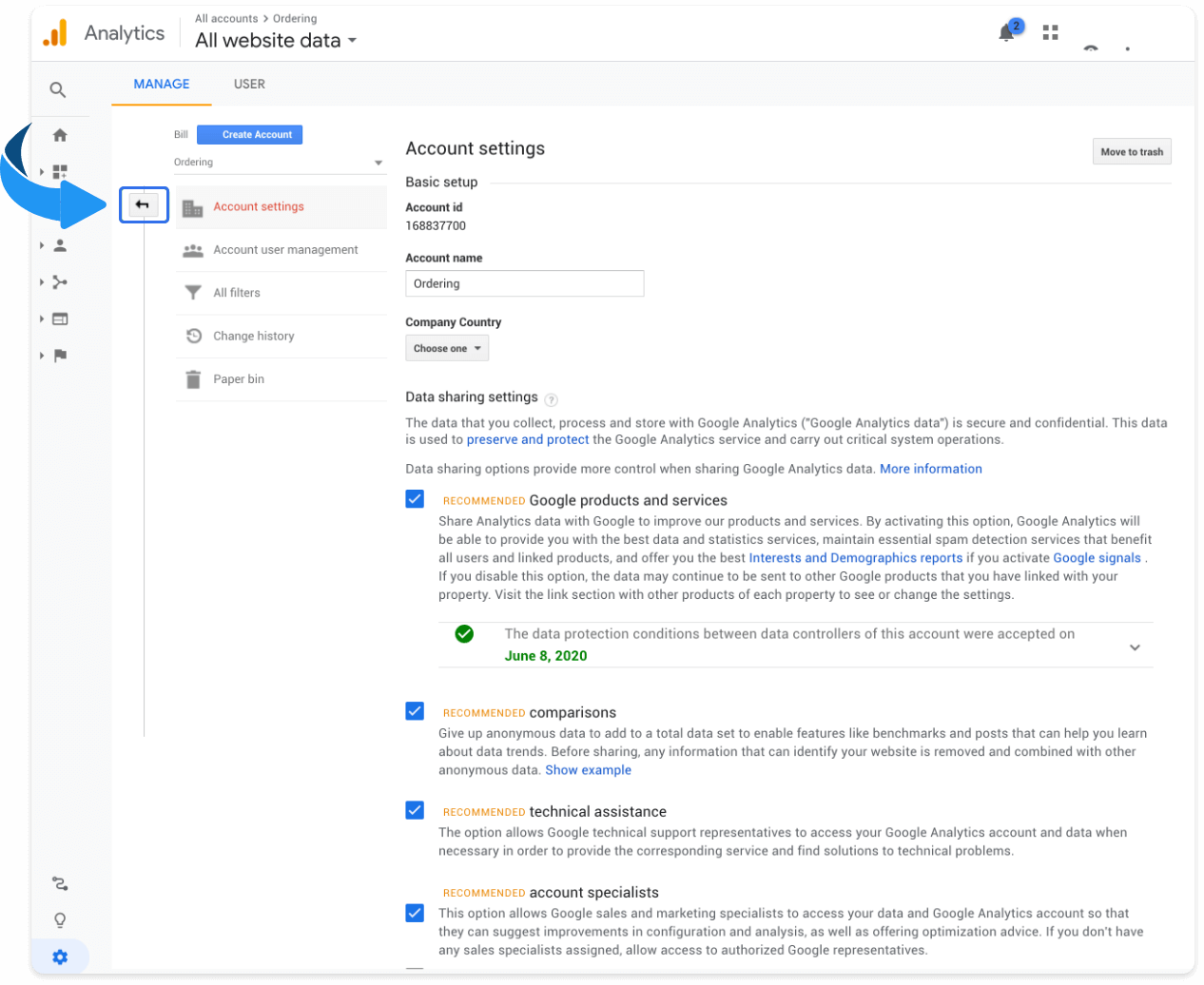 Google Analytics Admin with the back control left of Account Settings