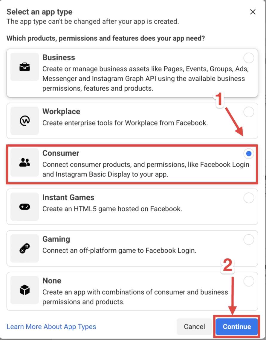 Facebook create-app screen with the Consumer app type