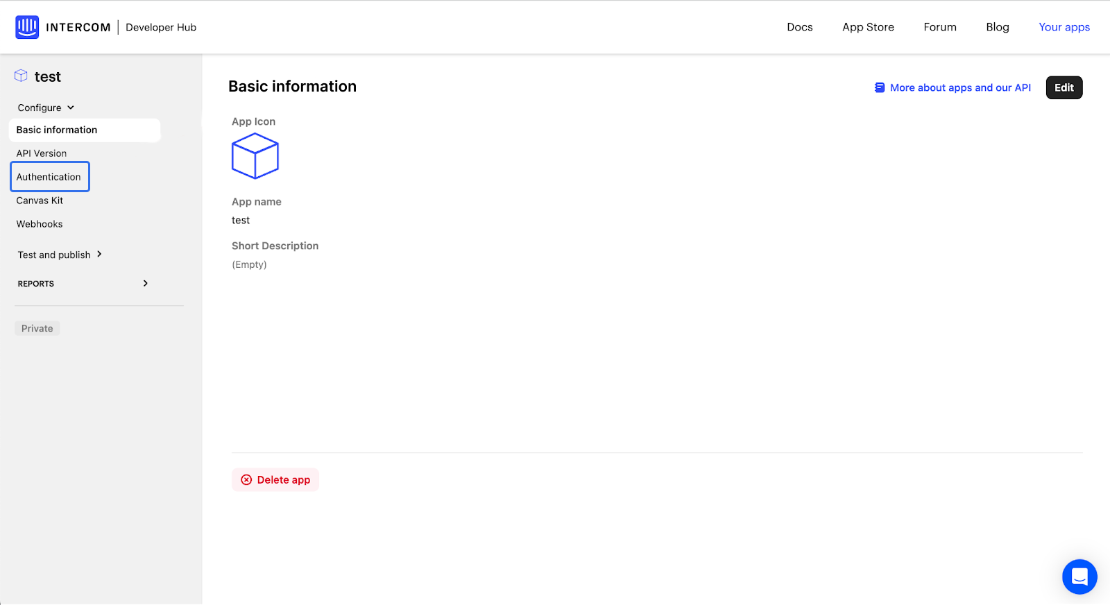 Intercom Developer Hub Basic information with Authentication selected