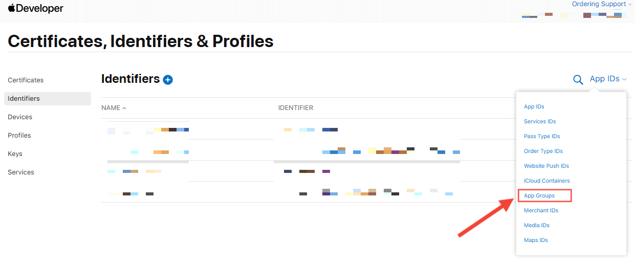 Open the App Groups selector