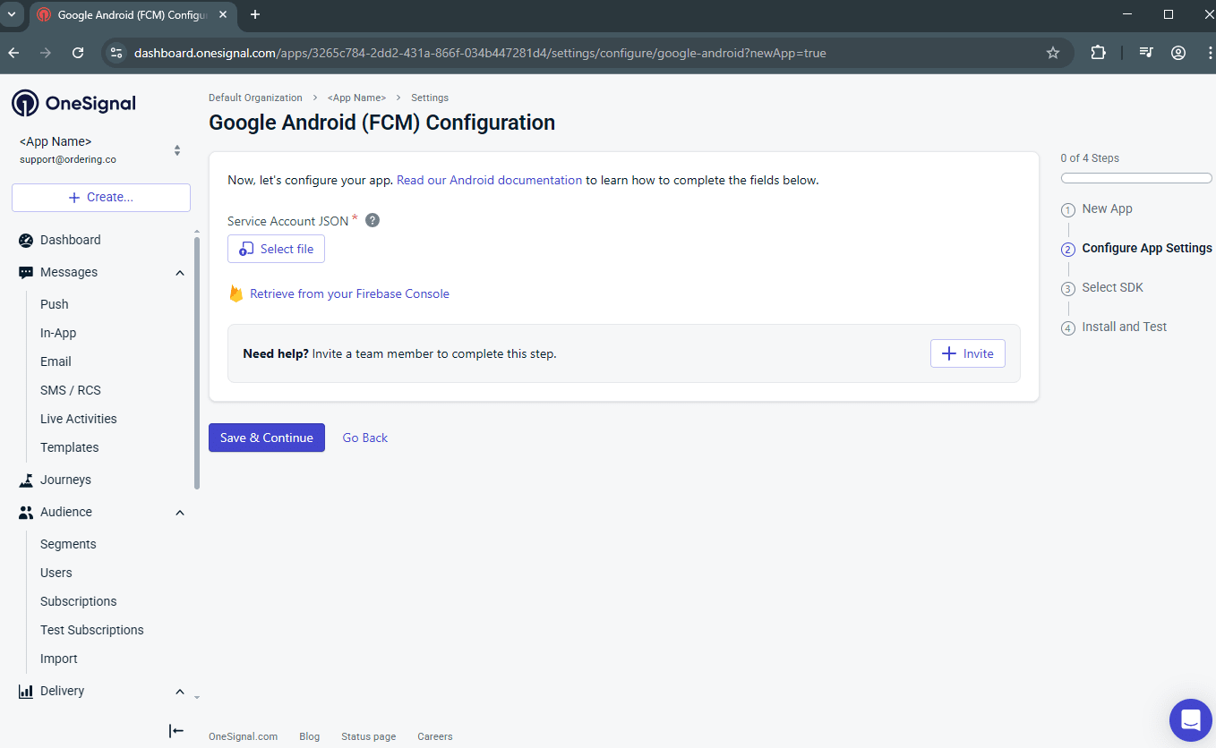 OneSignal upload Firebase Service Account JSON