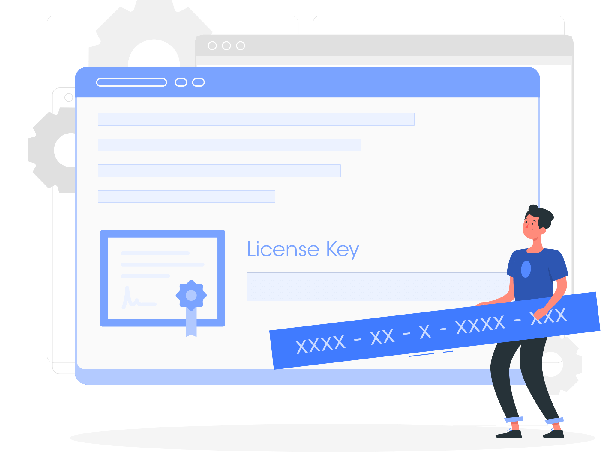 Illustration of a masked license key in a browser window