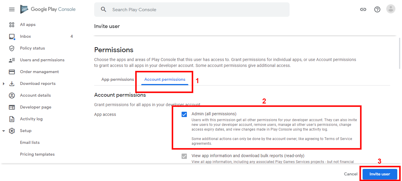 Select Google Play Console permissions