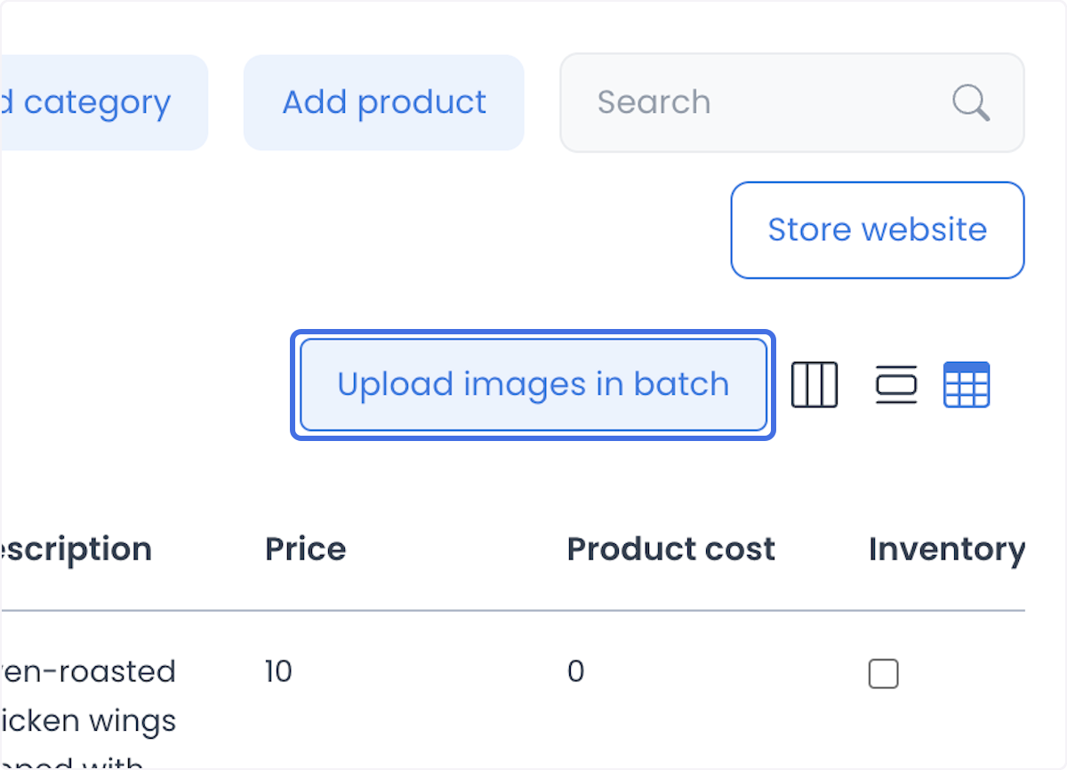 Product table with the Upload images in batch button highlighted