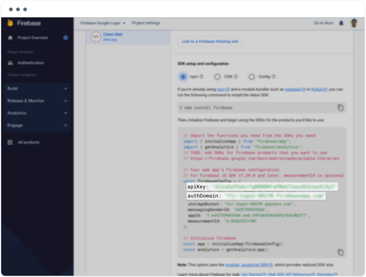 Firebase config object with API KEY and AUTHDOMAIN