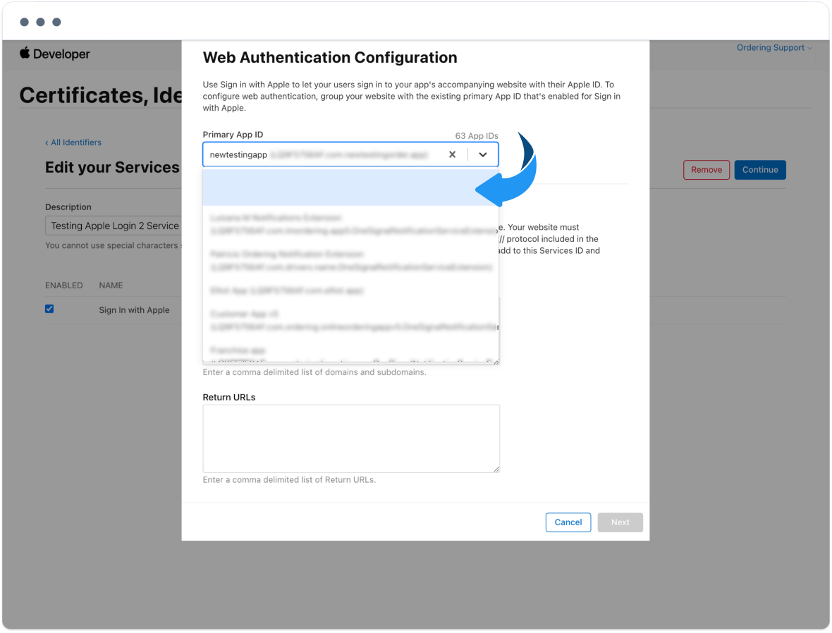 Primary App ID dropdown for Sign in with Apple