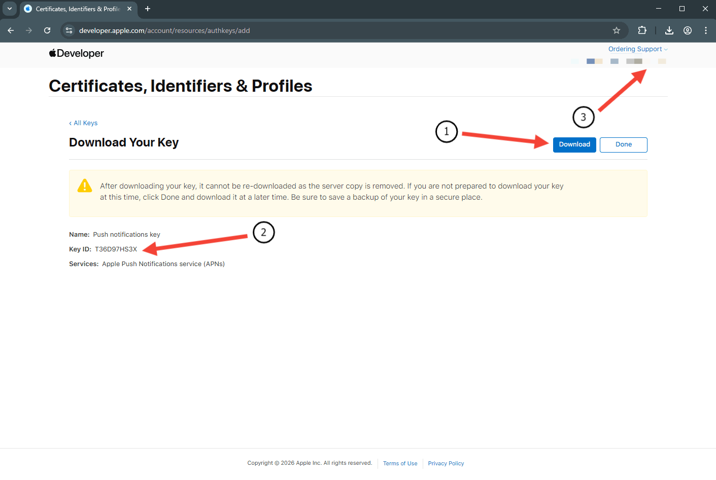 Download APNs .p8 key with Key ID and Team ID