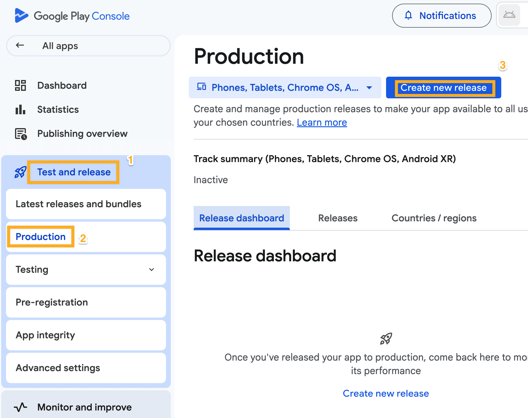 Open Production and create a release