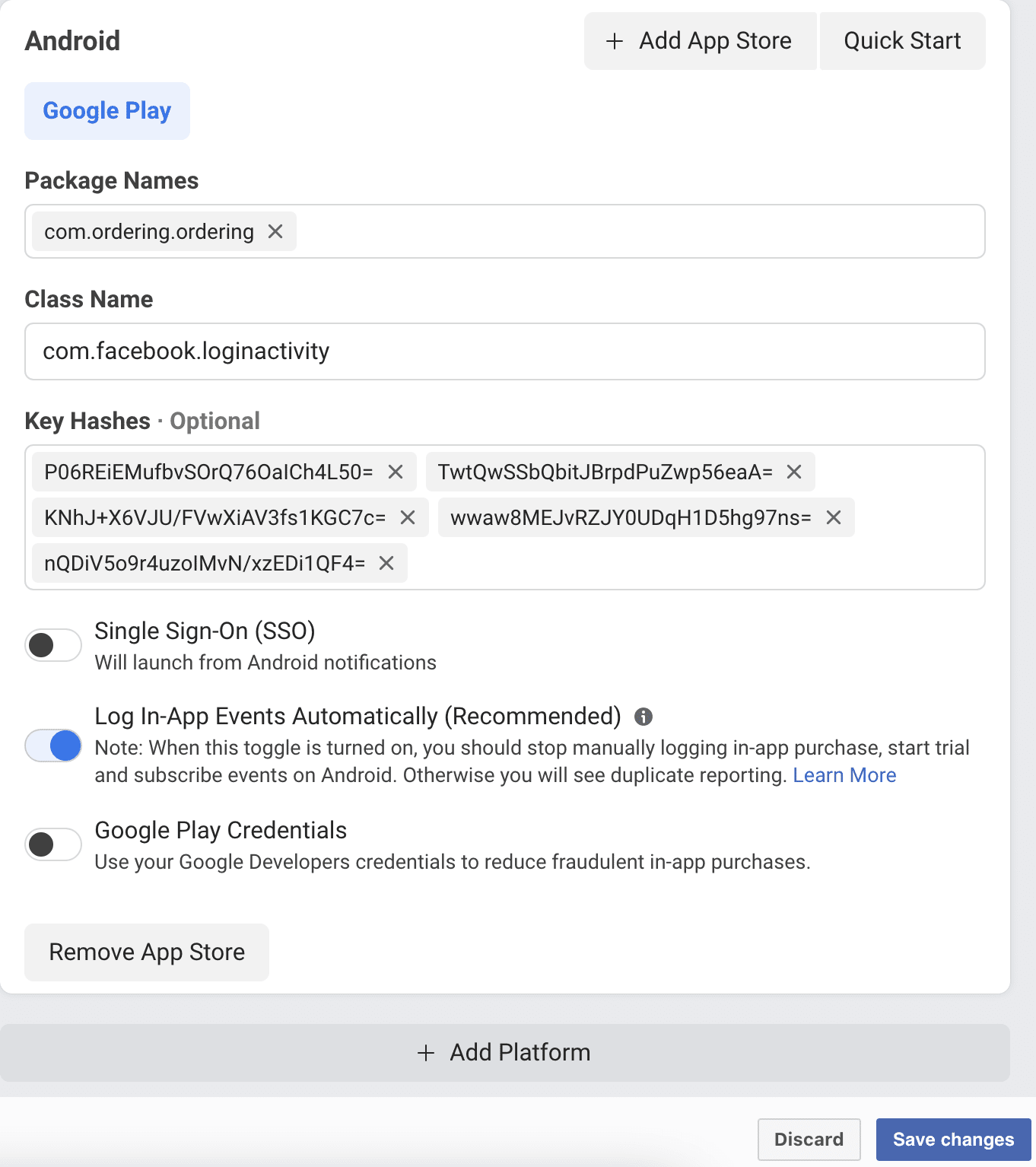 Android package name, class name, key hashes, and automatic in-app events